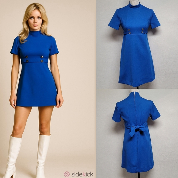 Barby Jr Vintage 60s Royal Blue Mockneck Tie-Waist Button Micro Mini Dress M - Picture 1 of 11